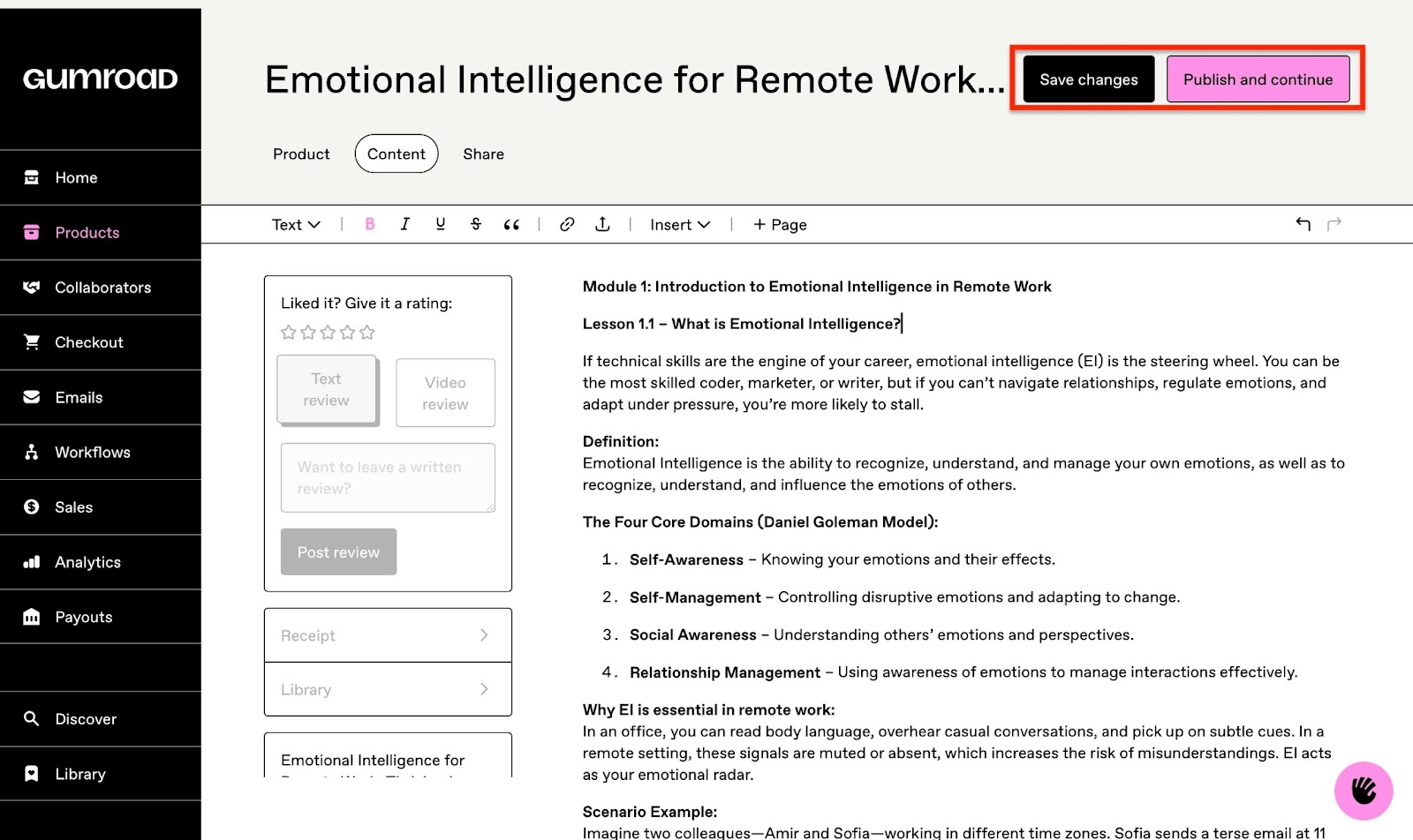 Page with content save and publish buttons