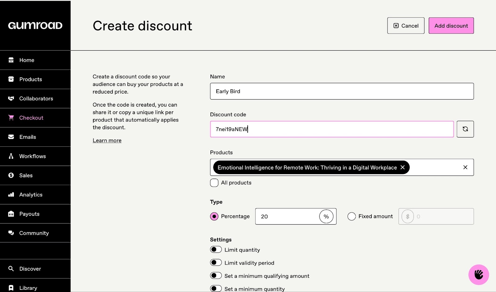 Discount creation page for an online course.