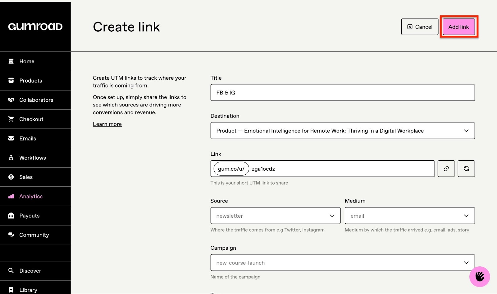 Add link button in Gumroad