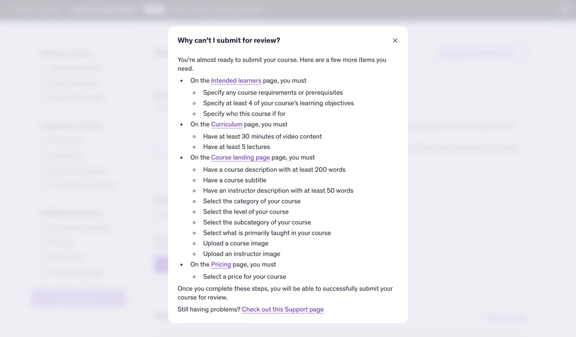 List of requirements to publish a course