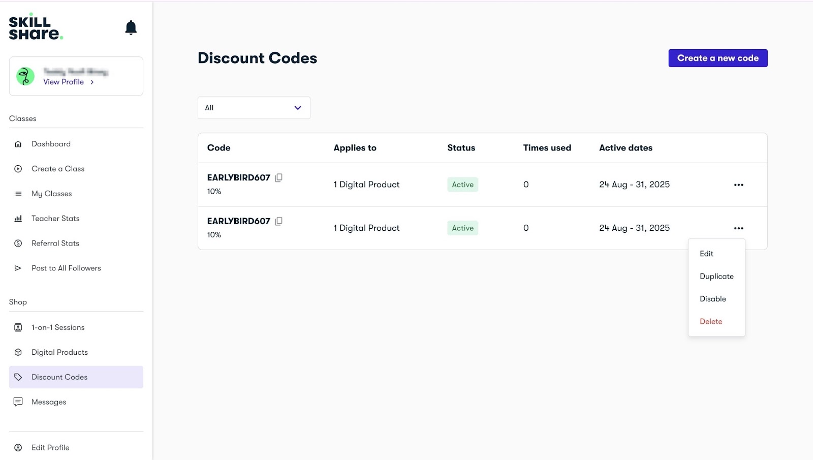 Manging disount codes on Skillshare