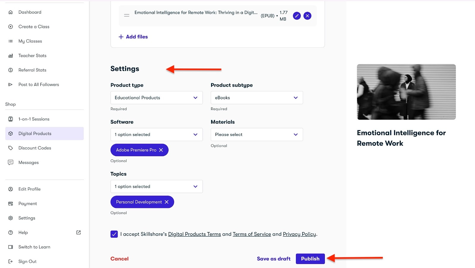 Editing digital product settings Skillshare