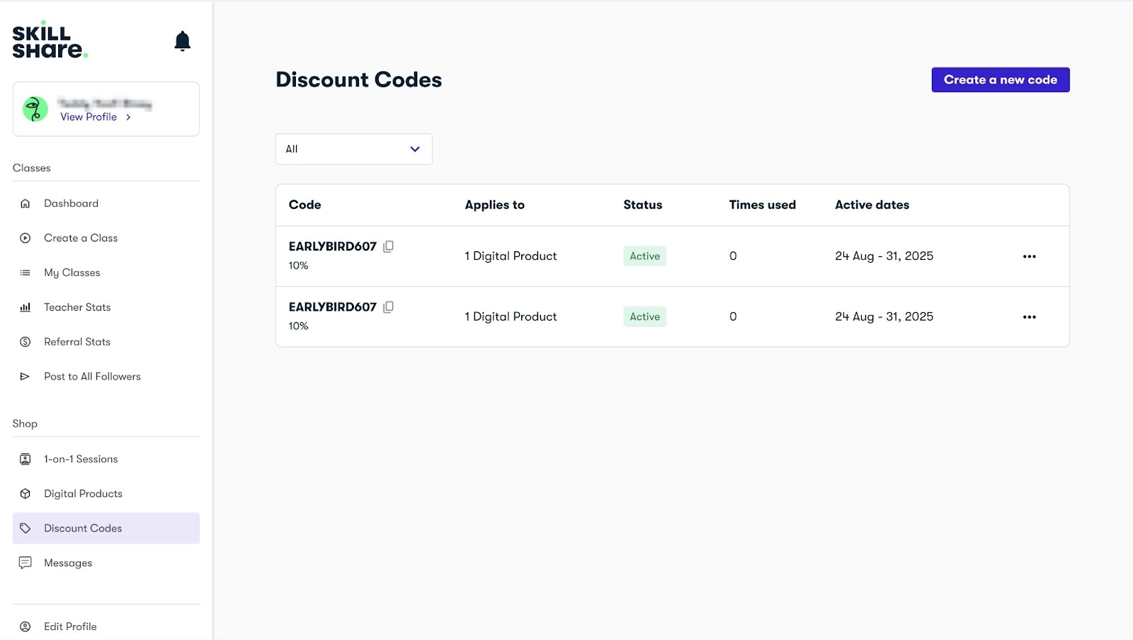 List of created Skillshare discount codes