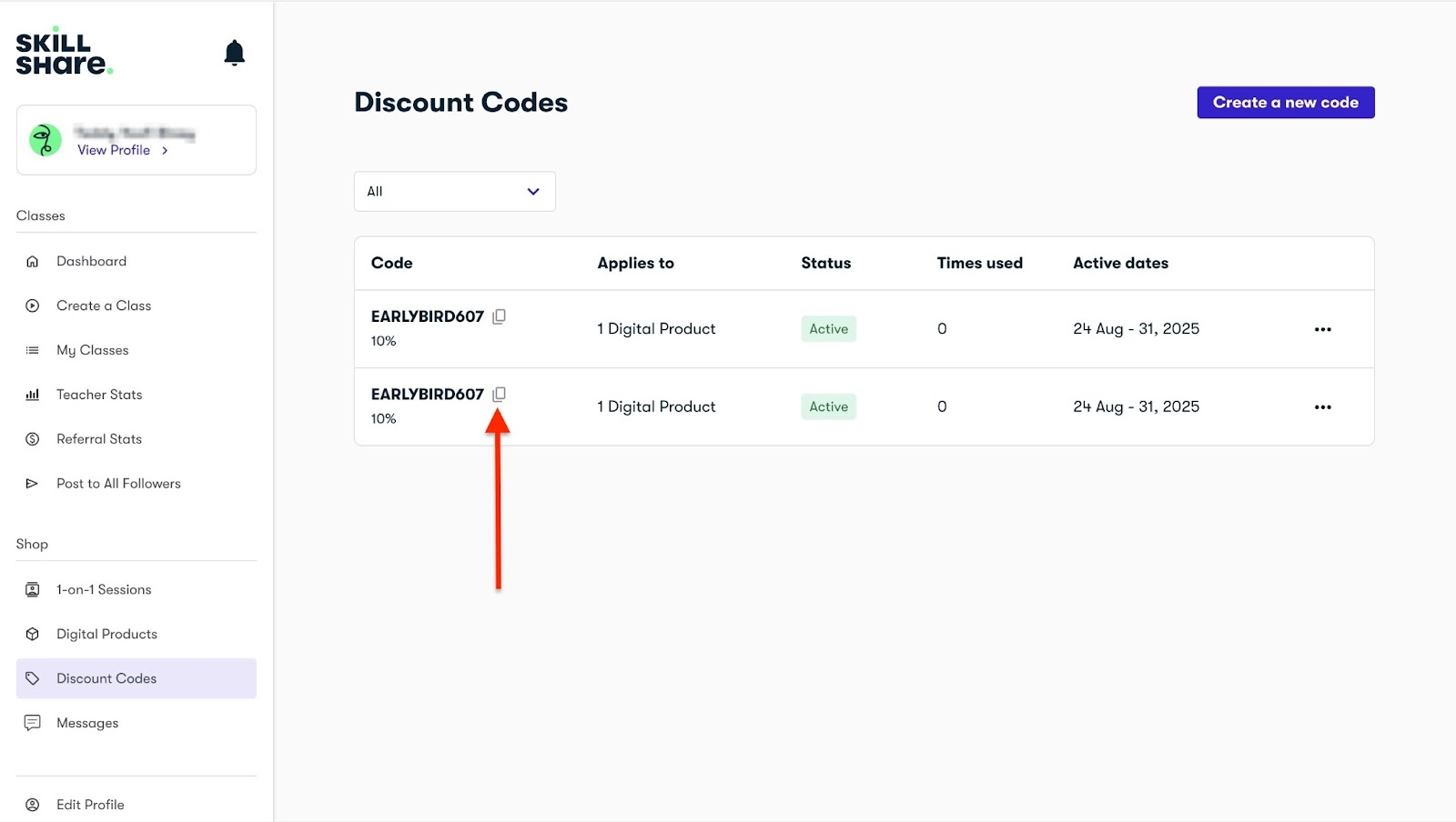 Created discount codes on Skillshare.