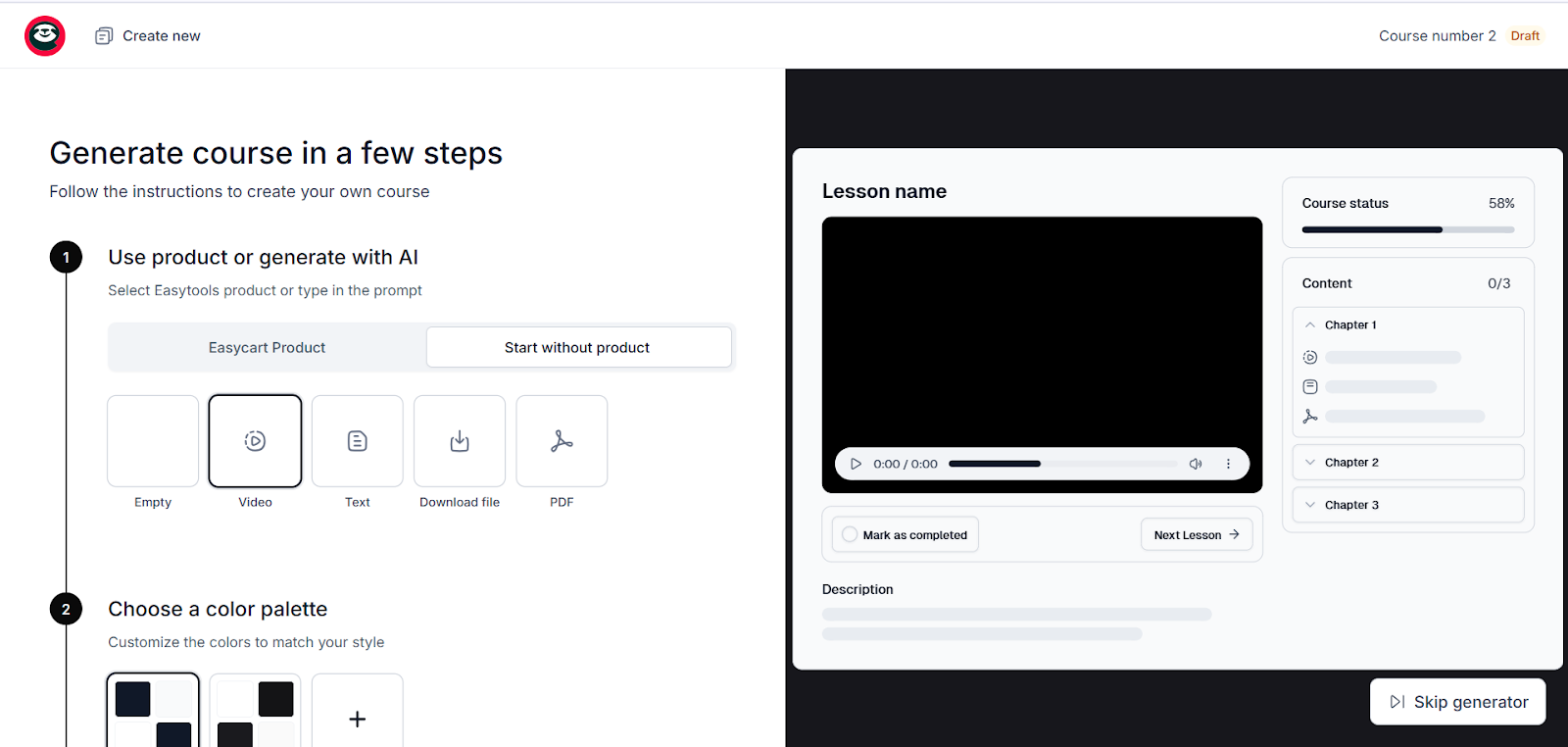 Course creation configurator with AI