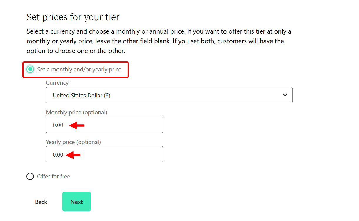 Setting monthly and yearly pricing for creators