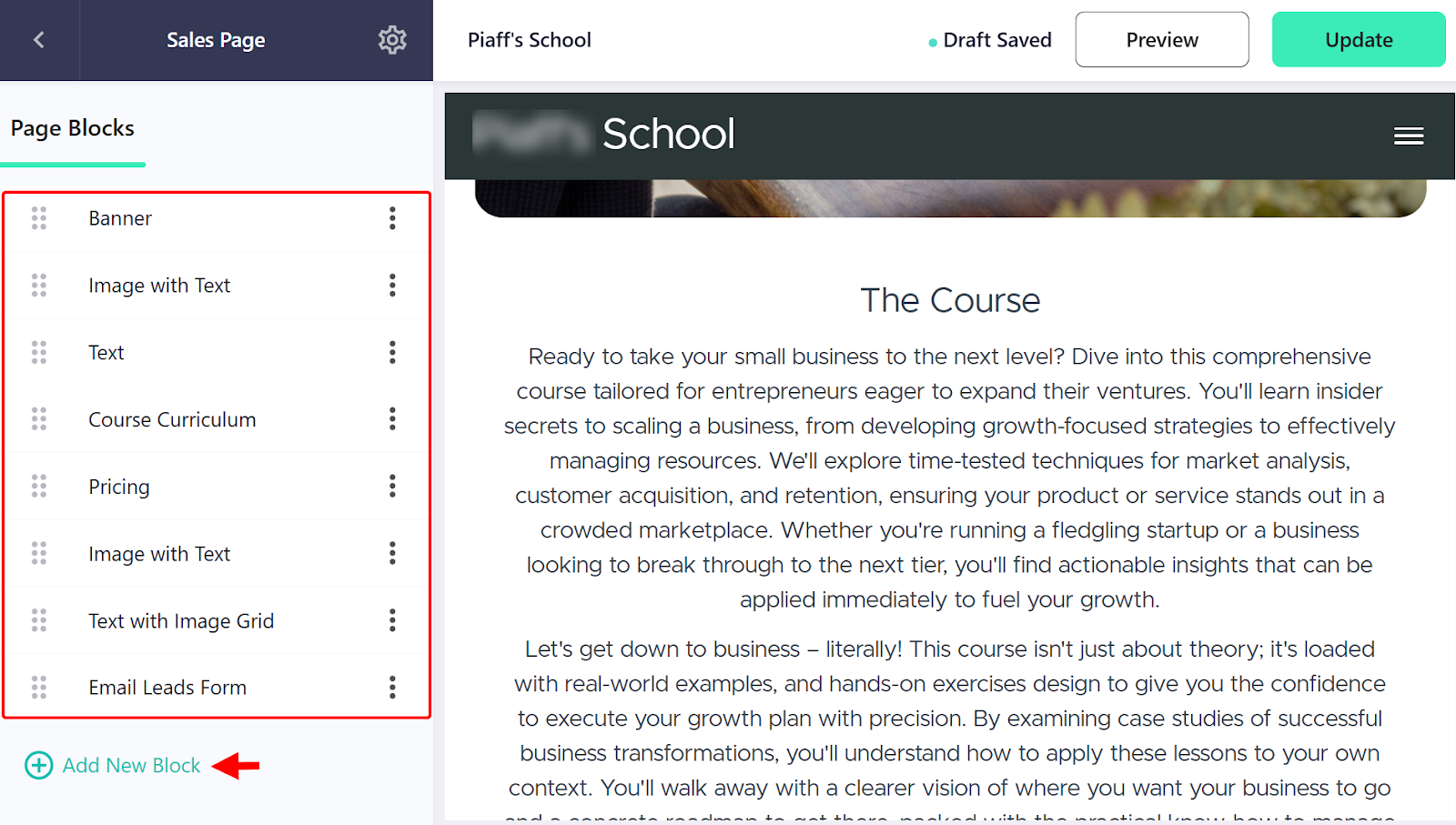 Sales page block editor interface