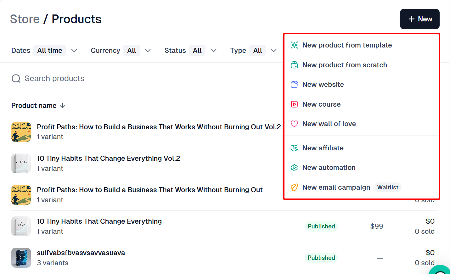 Available products to create in Easytools