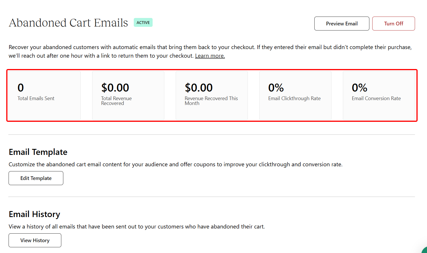 Abandoned cart emails stats