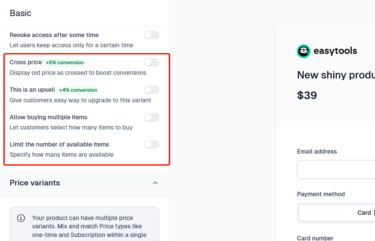 Easytools checkout marketing options for conversion.