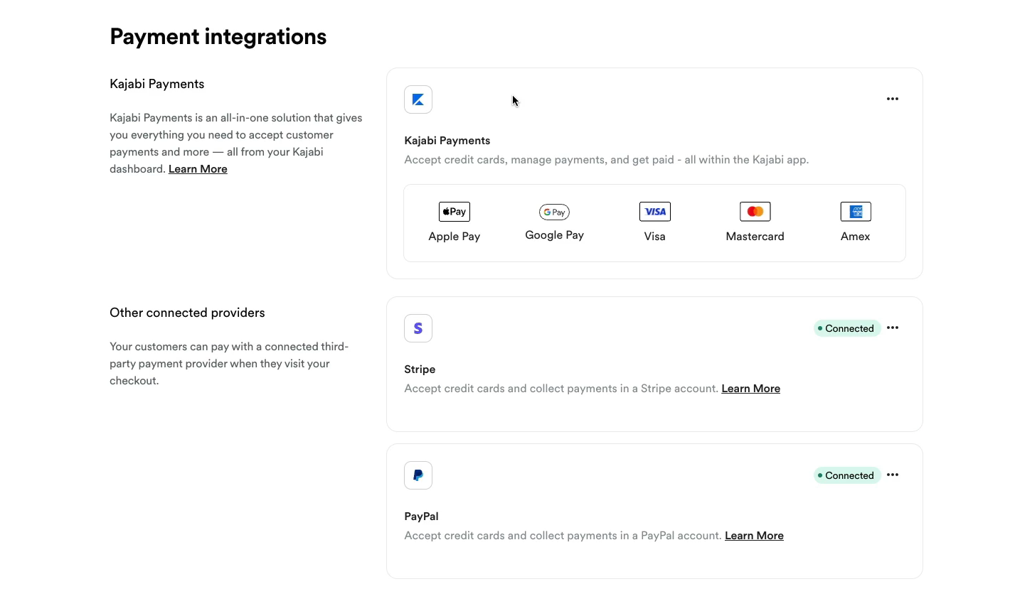 Connect Stripe Paypal and Kajabi payments.