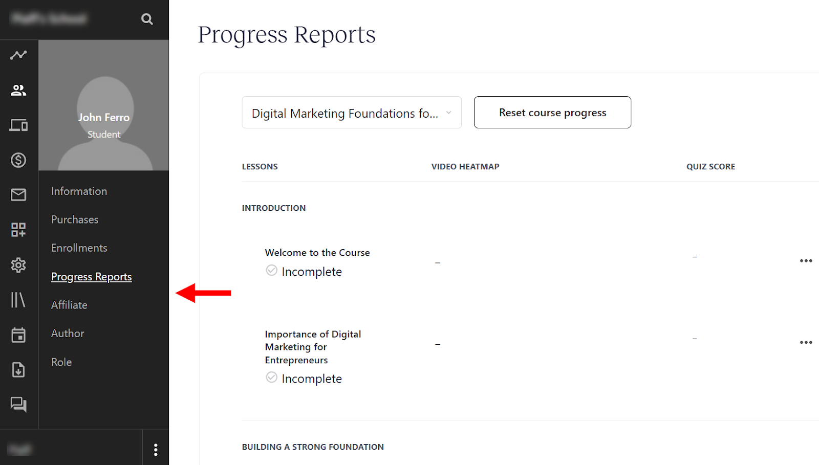 Progress reports feature in Teachable