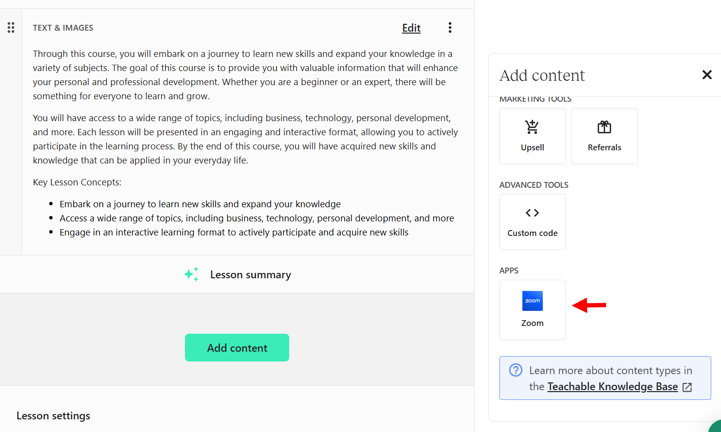 Integrating tools and adding content in Teachable.
