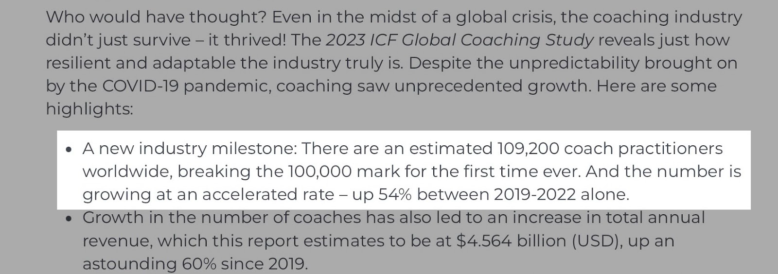 Stastistic showing global coach practitioners milestone