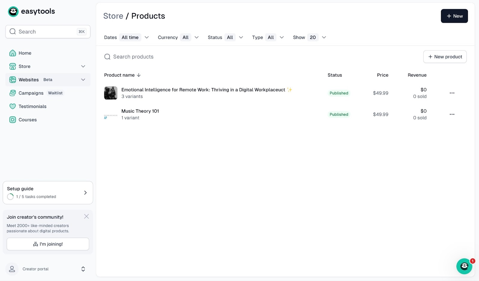 Published products list with price and revenue