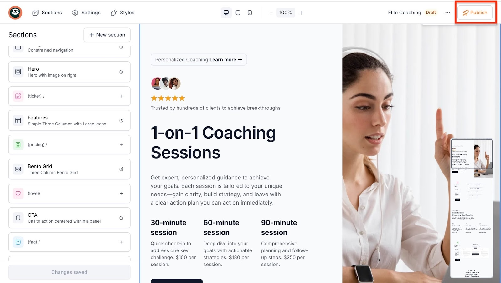 Customize webpage sections and publish page