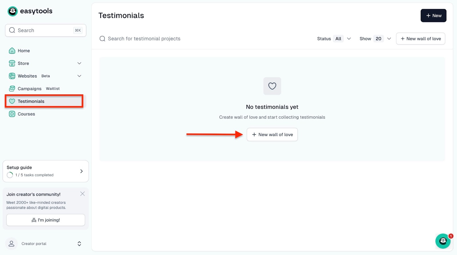 Testimonials feature on Easytools menu