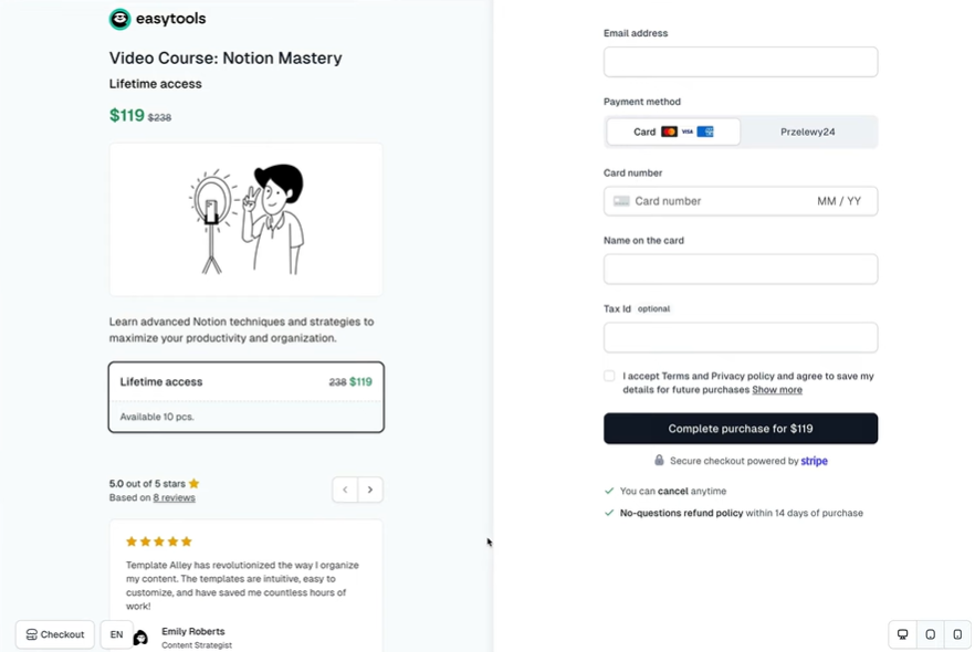 Easycart checkout with customer testimonial