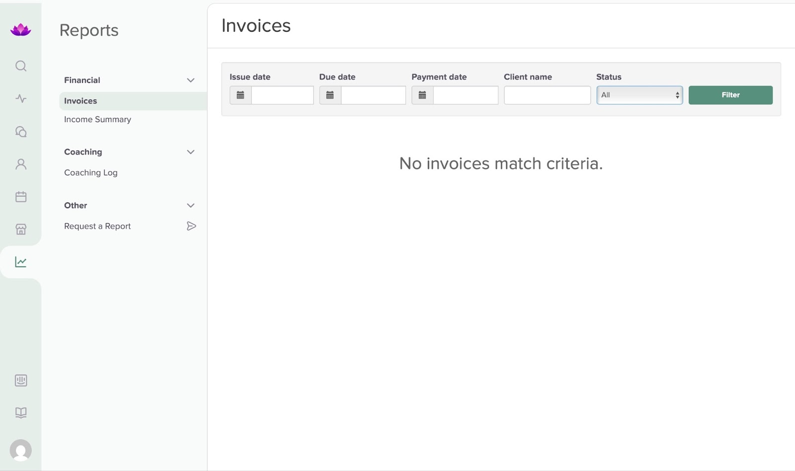 Invoice report screen showing no results