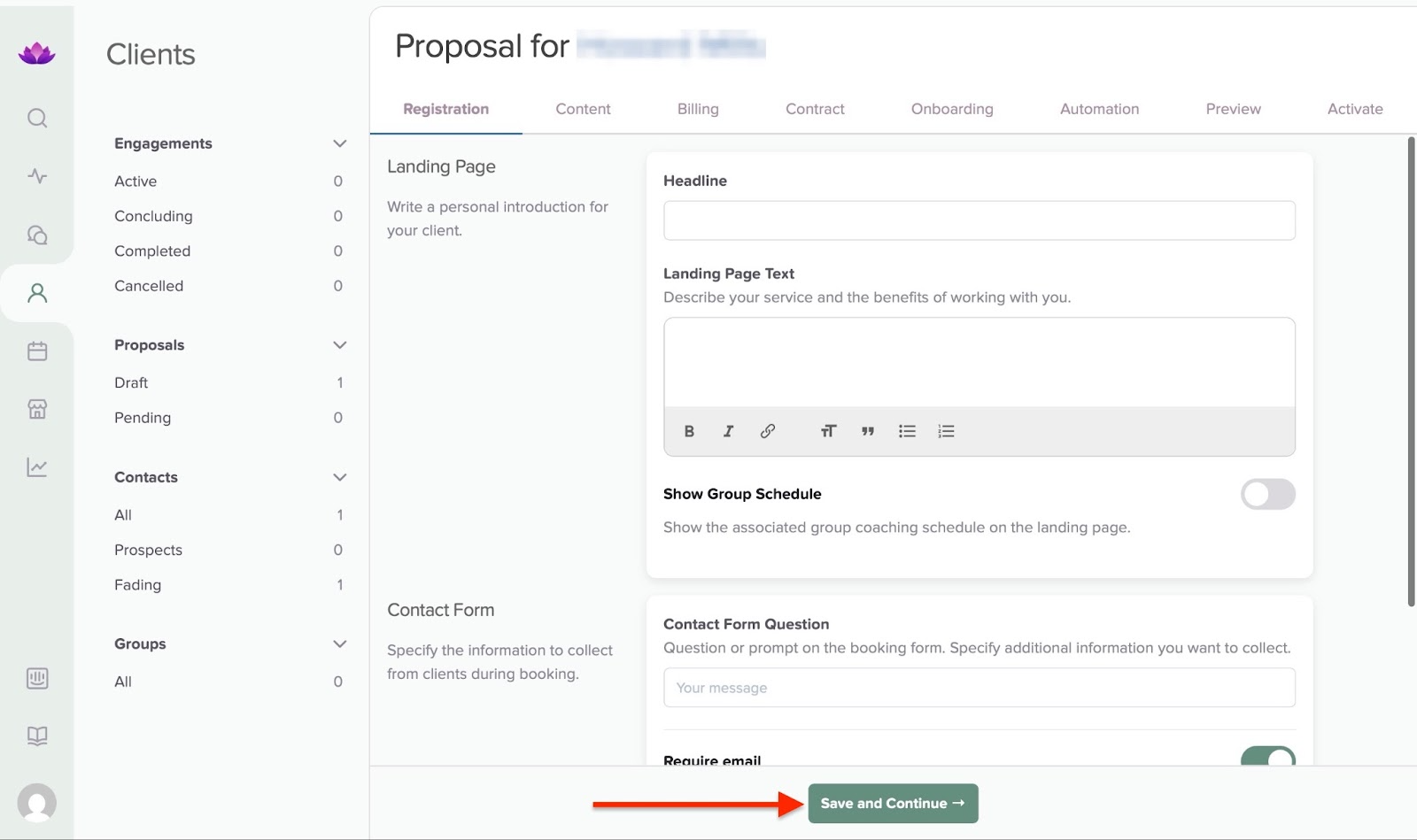 Proposal contract tab with accept terms option