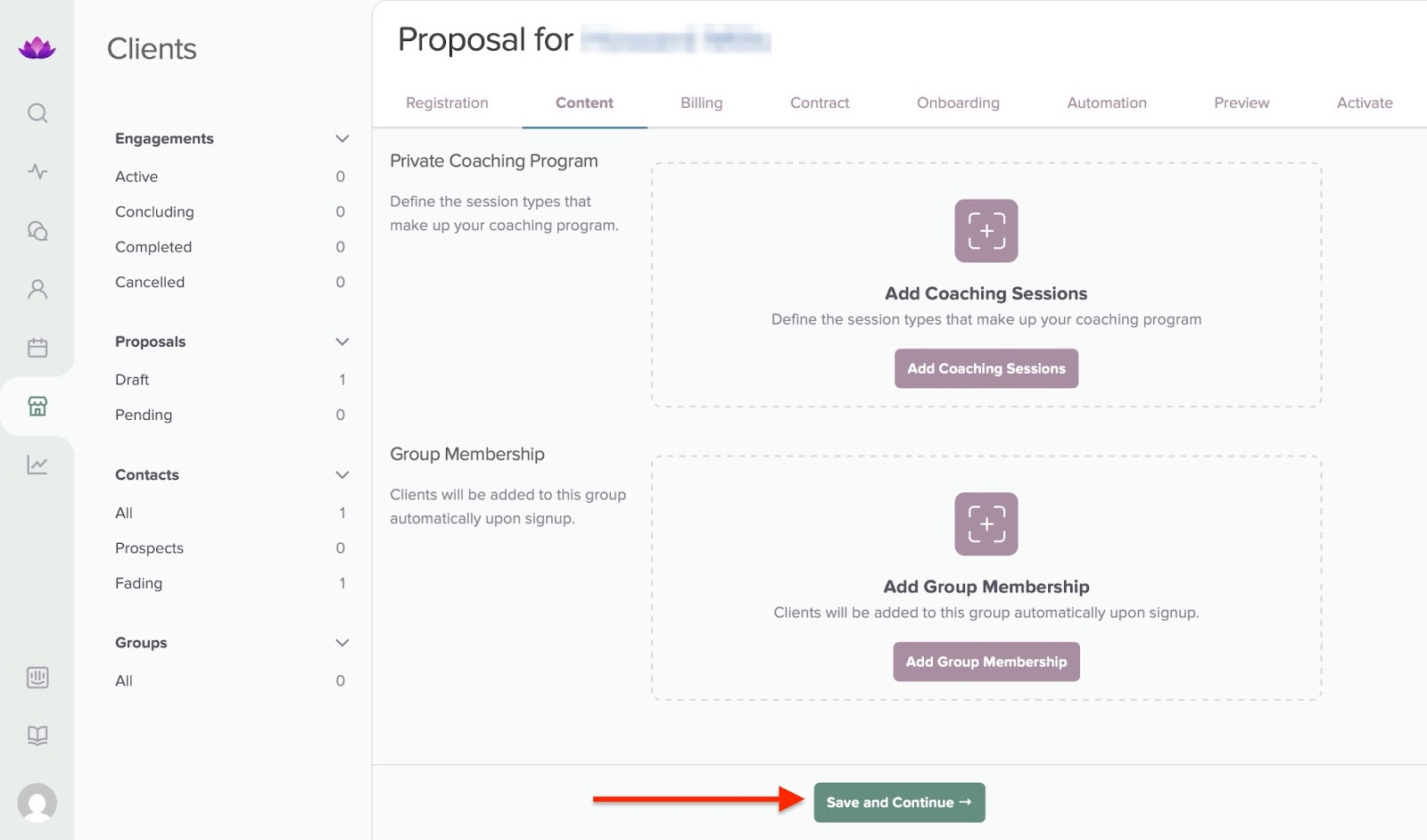 Proposal content page with options to add coaching sessions or group memership
