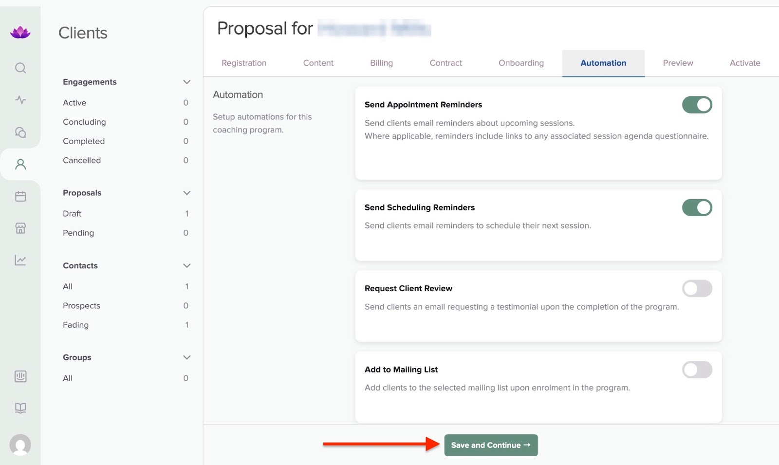 Automation settings with reminders and save button