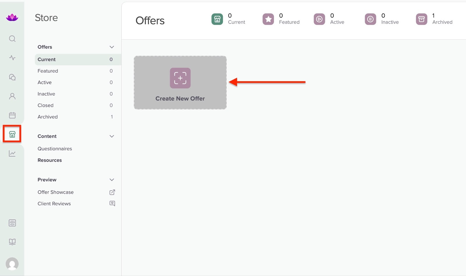 Dashboard with highlighted create new offer button