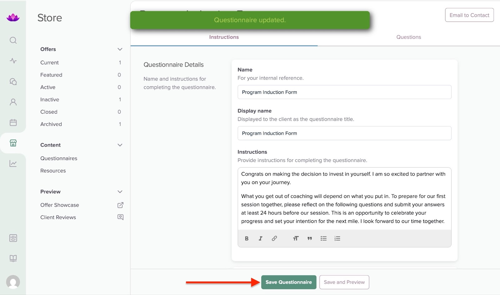 Editing questionaire details for program induction form