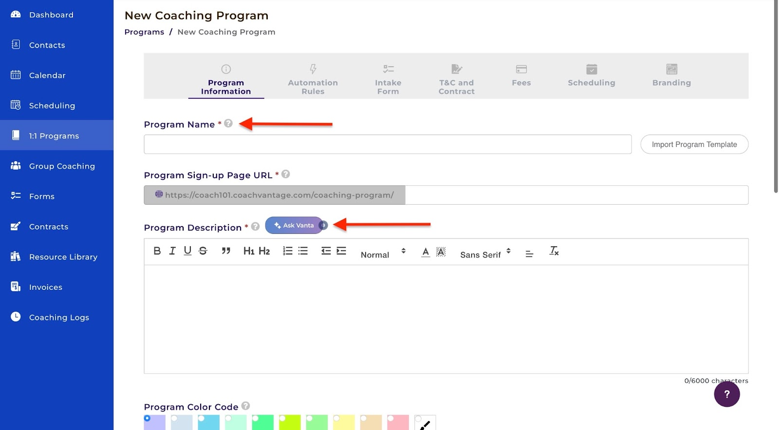 Enter program name and description on a platform