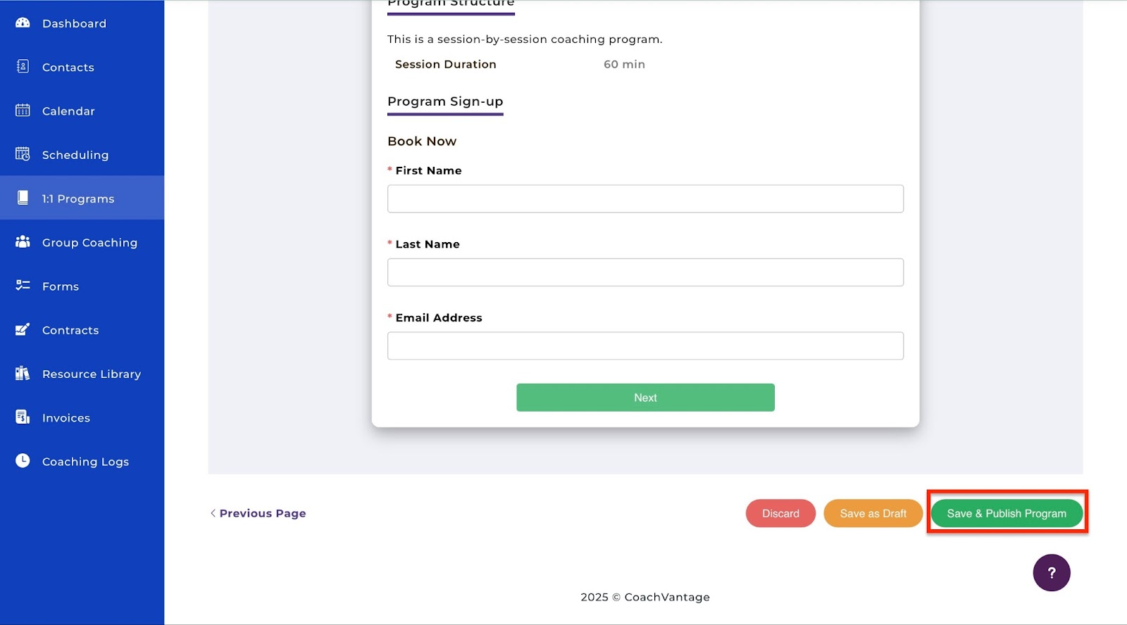 Program sign-up form with booking details