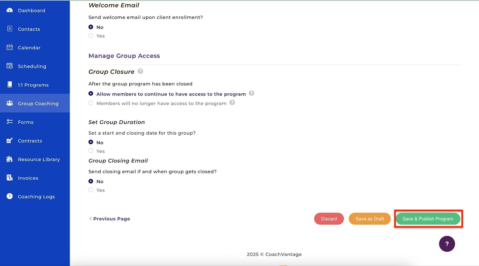 Save and publish on group coaching