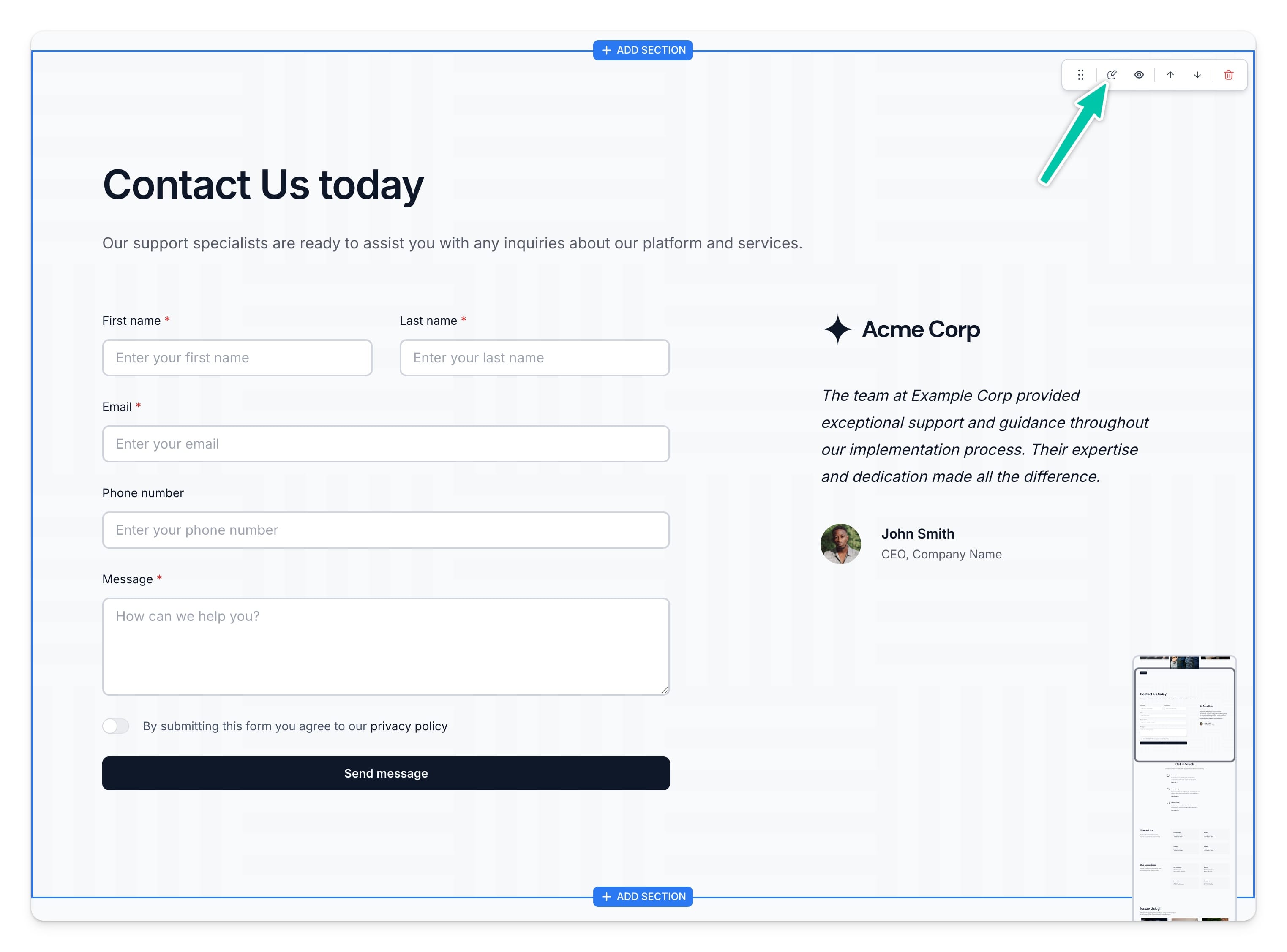 Easypage editing a contact section
