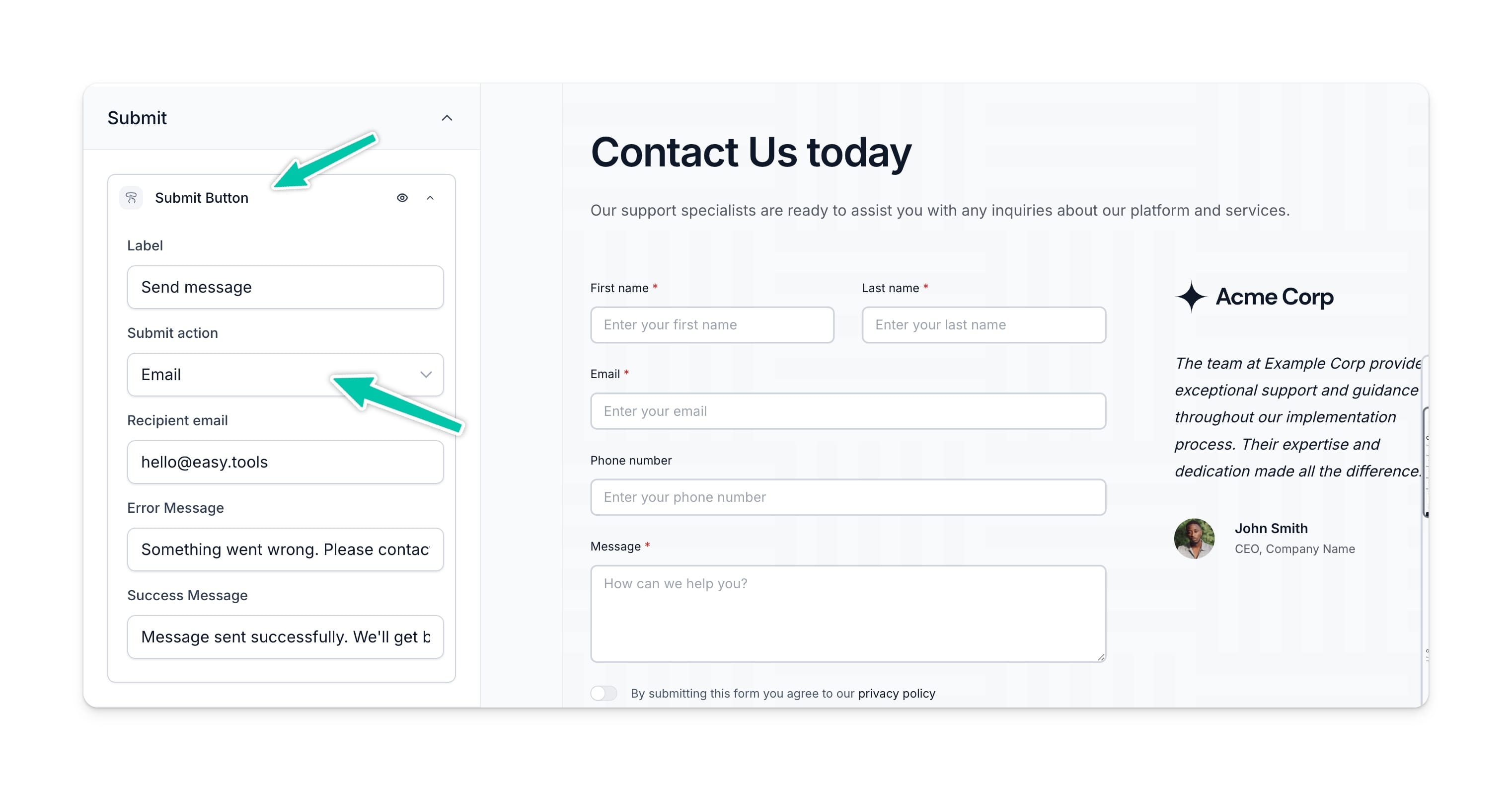 Easypage contact form email notification