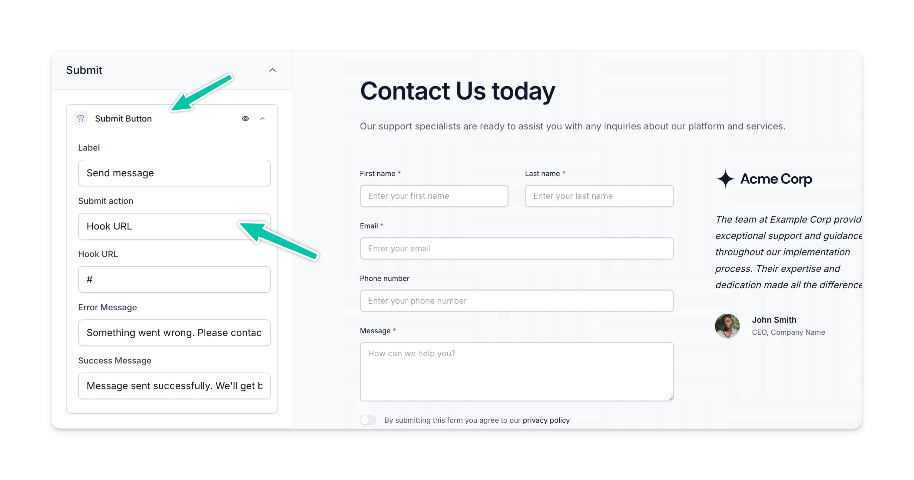 Easypage contact form hook url