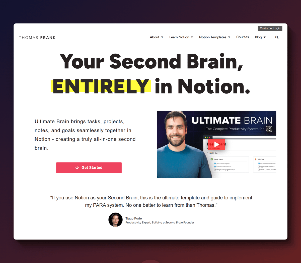 Thomas Frank’s “Ultimate Brain” Notion template Sales page