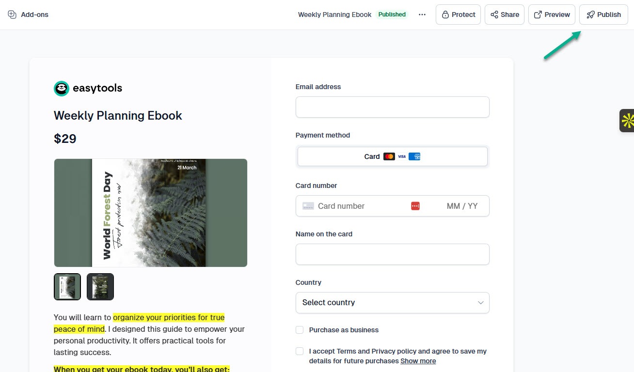 live ebook salespage created with easytools