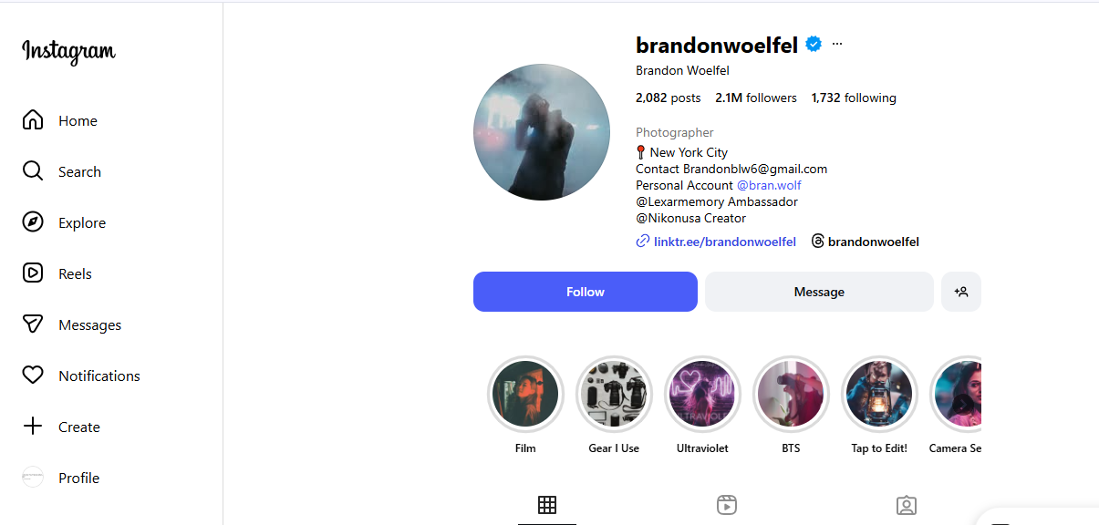 instagram profile of popular phothographer