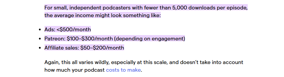 breakdown of small podcast income