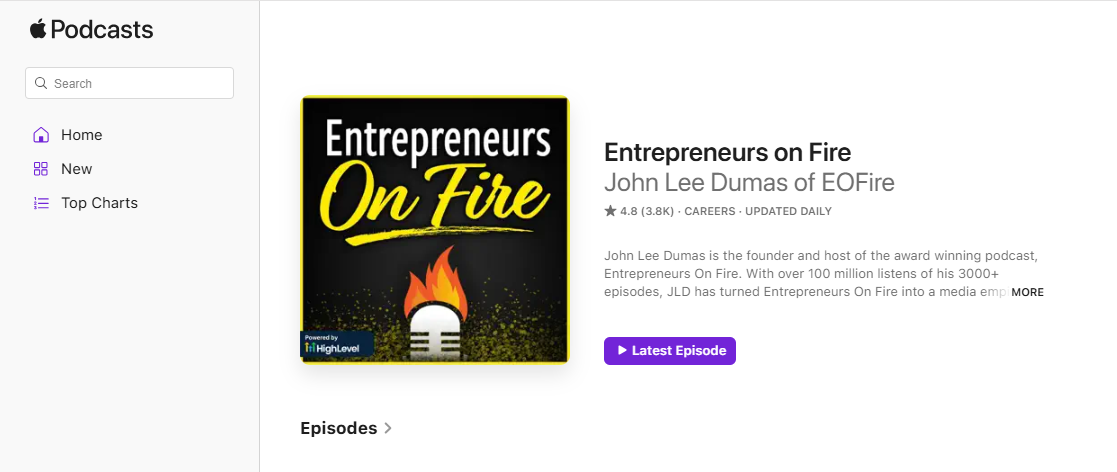 entrepreneurs on fire podcast page