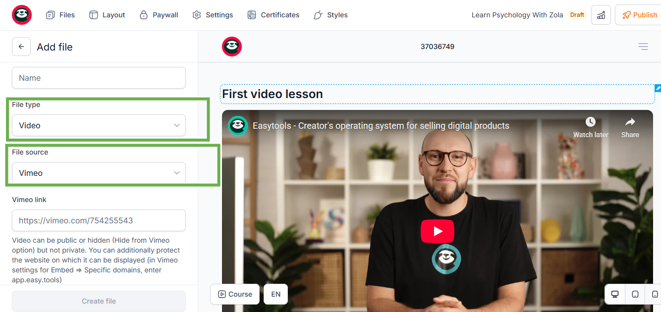 profitable hobbies - video file setup with vimeo selected