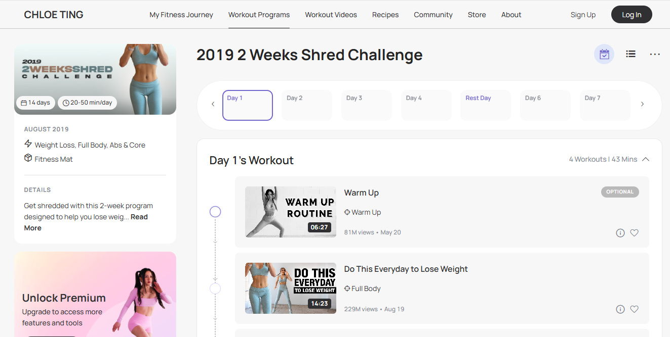 workout challenge page with daily schedule