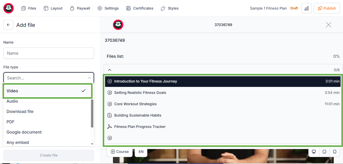 video file list in Easytools course setup