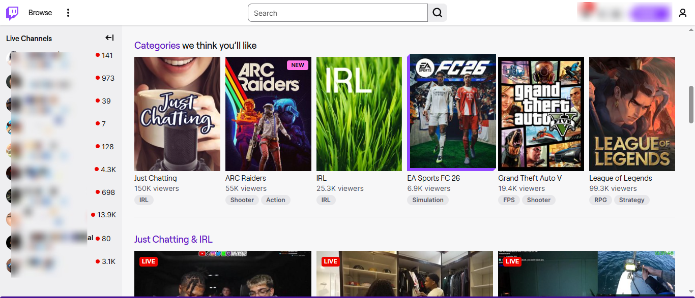 twitch categories page with game tiles