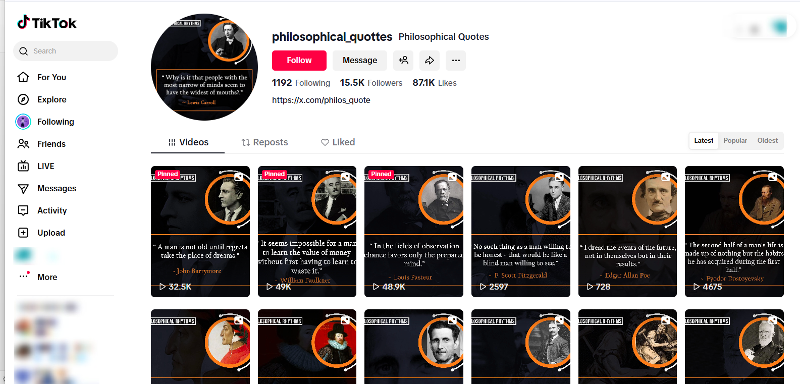 profitable hobbies - tiktok page with quote videos