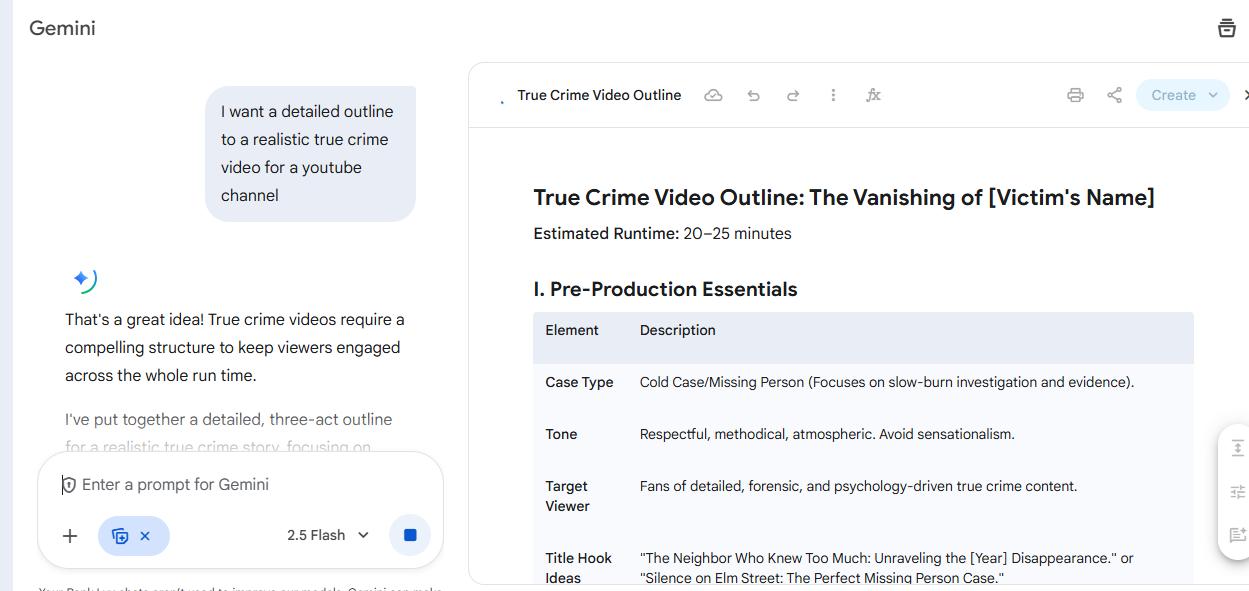 true crime video outline page