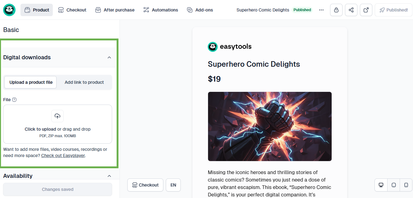 digital dowload setup for comic product