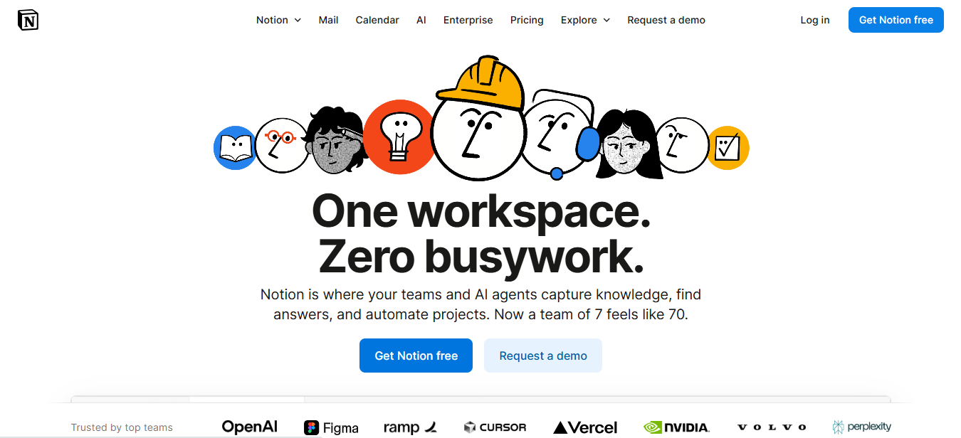 notion workspace headline on homepage