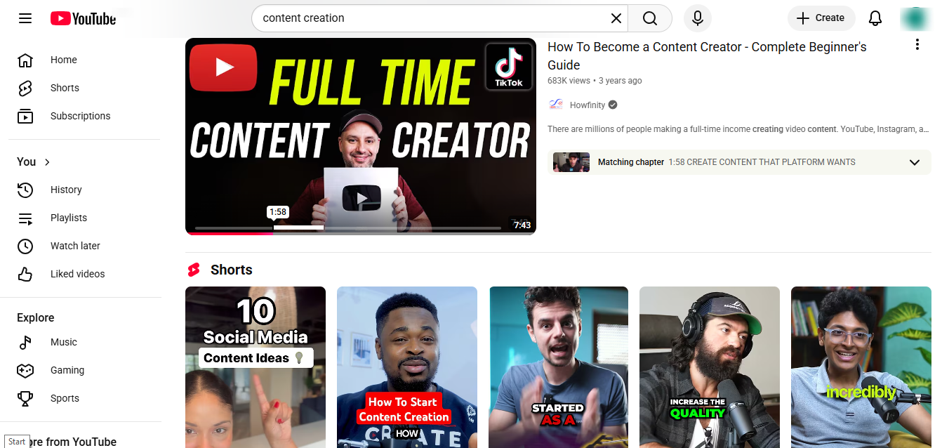 youtube page with content creation videos