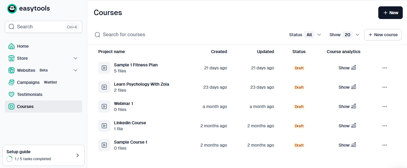 list of available creator courses in easytools
