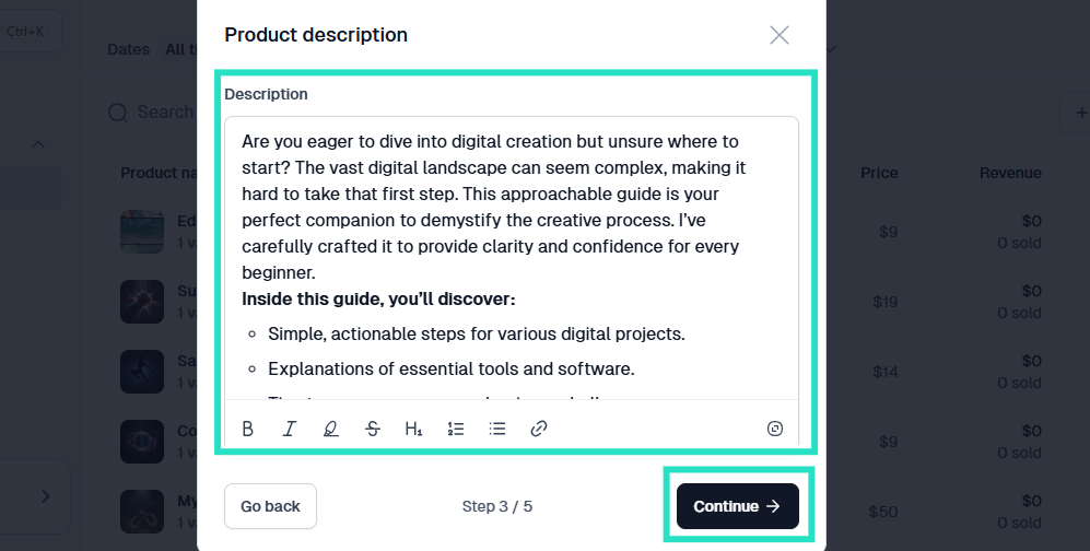 add a product description and continue